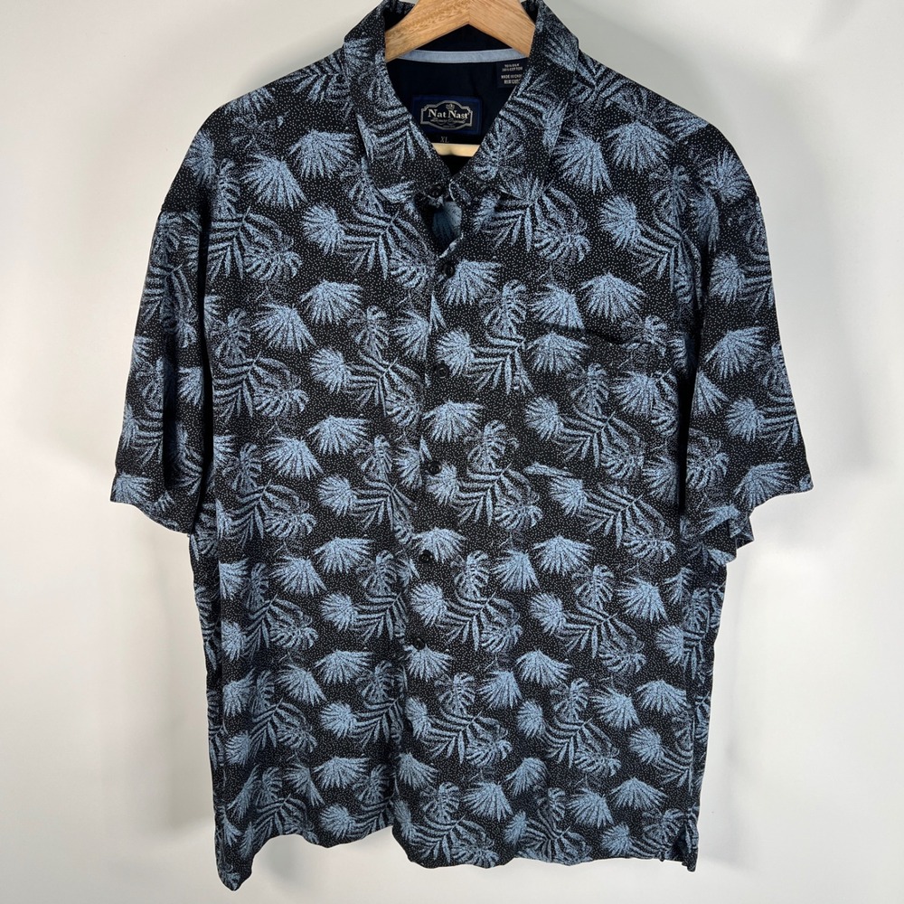 Nat Nast Mens XL Silk Cotton Blue Palm Leaf Print Short Sleeve Button Up Shirt